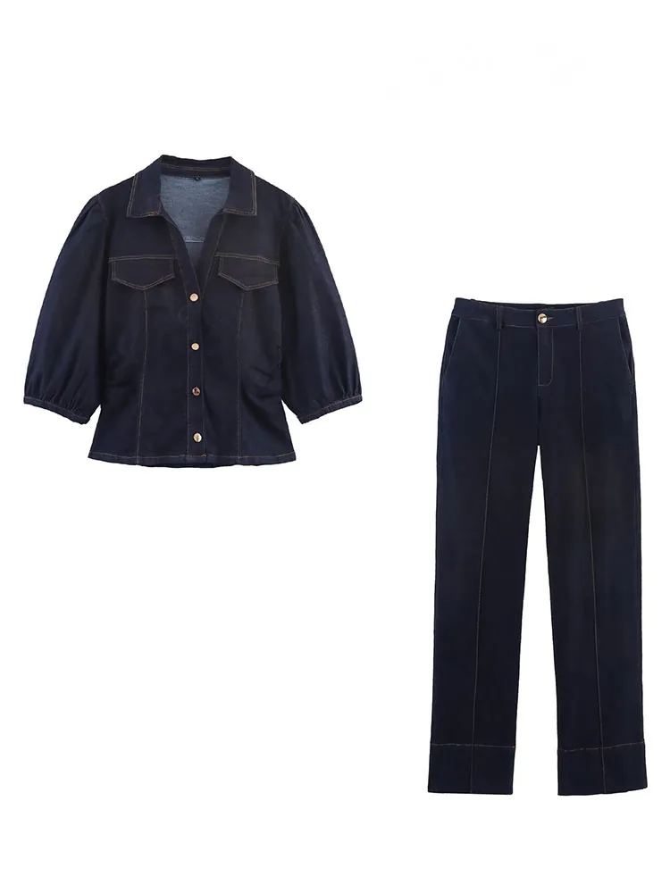 

HH Женские модные однобортные джинсовые рубашки с пышными рукавами и лацканами + летние эластичные талии, тонкие брюки-клеш на молнии, комплект из 2 предметов