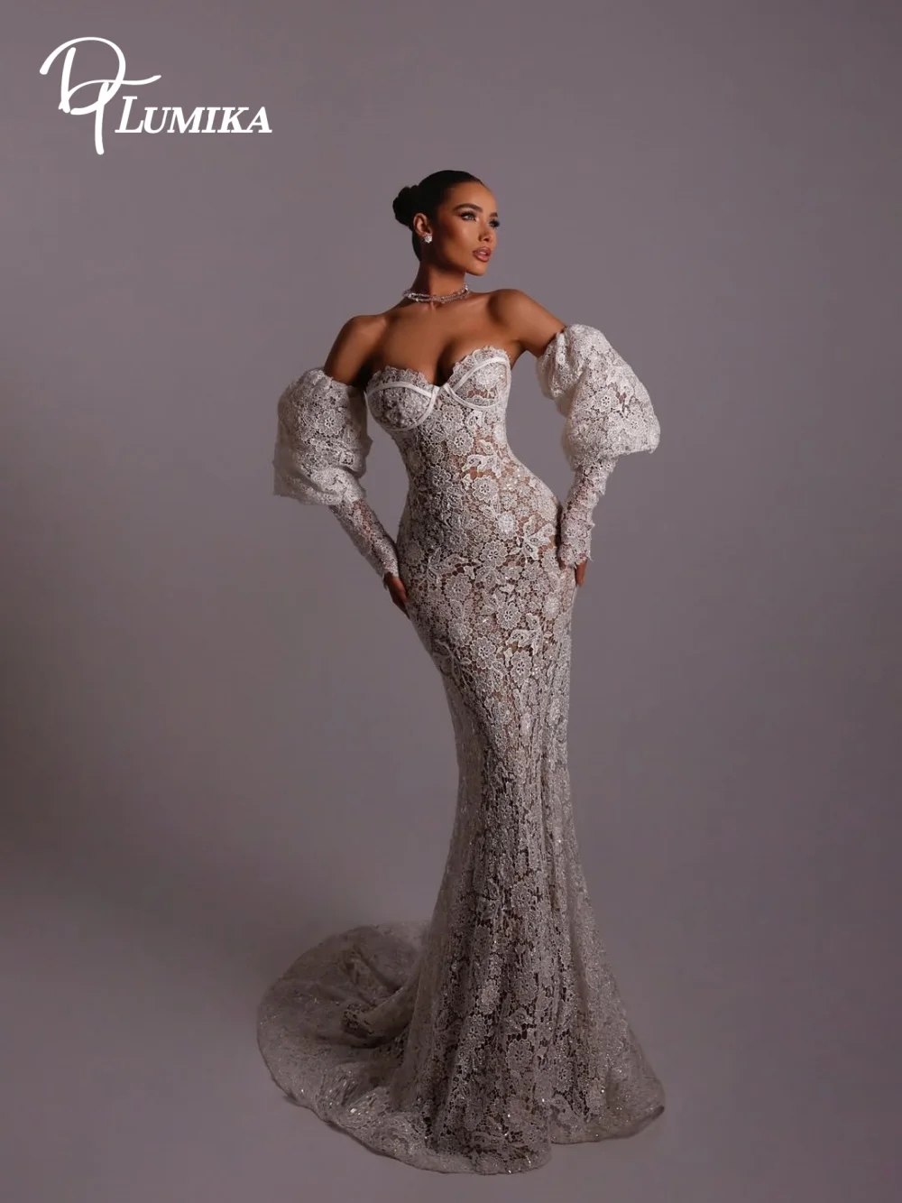 Intricate Off  Shoulder Mermaid Wedding Dress 2026 Detachable Puff Sleeves Regal Floral Lace Fitted Silhouette Vestidos De Novia