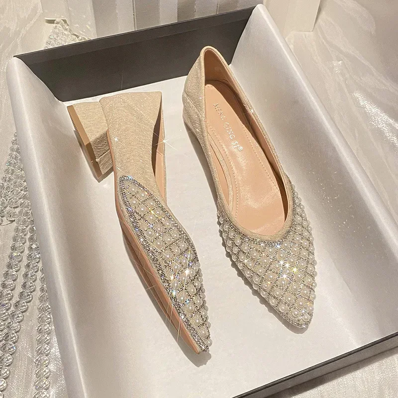 Zapatos de tacón cuadrado de 3CM con decoración de perlas para mujer, Punta puntiaguda, diamantes de imitación, francés, Primavera