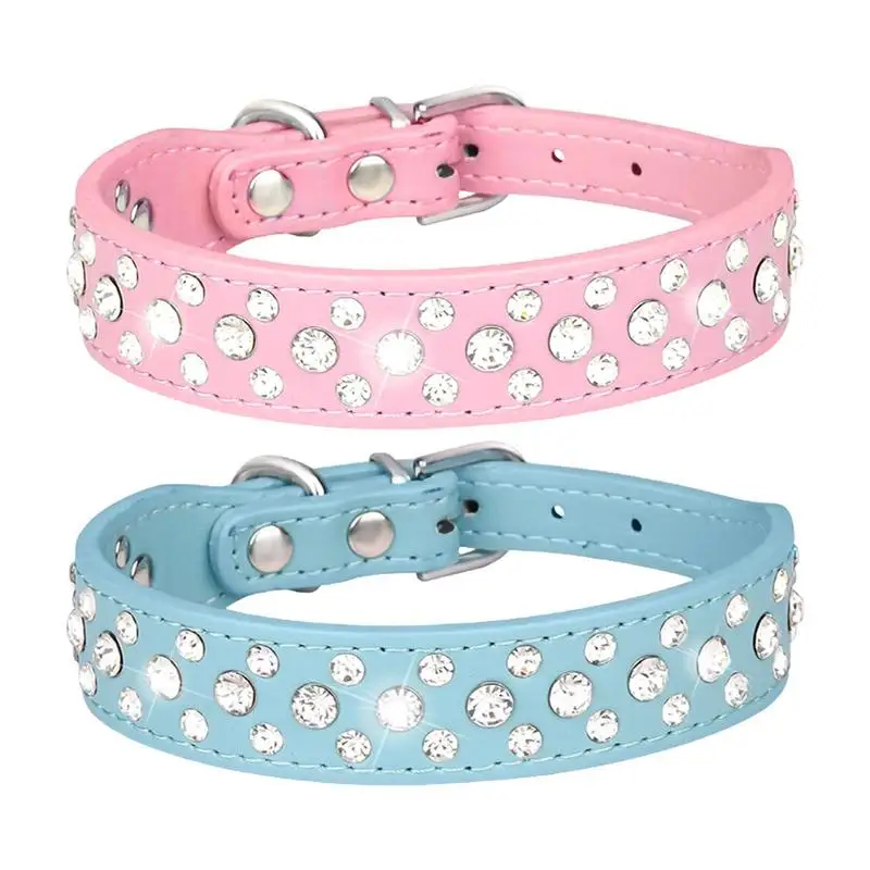 Pet Rhinestone Collar Three Rows Bling PU Leather Dog Collar Pet Dog Cat Puppy Collar Adjustable Dog Collars For Pets Dogs Cats