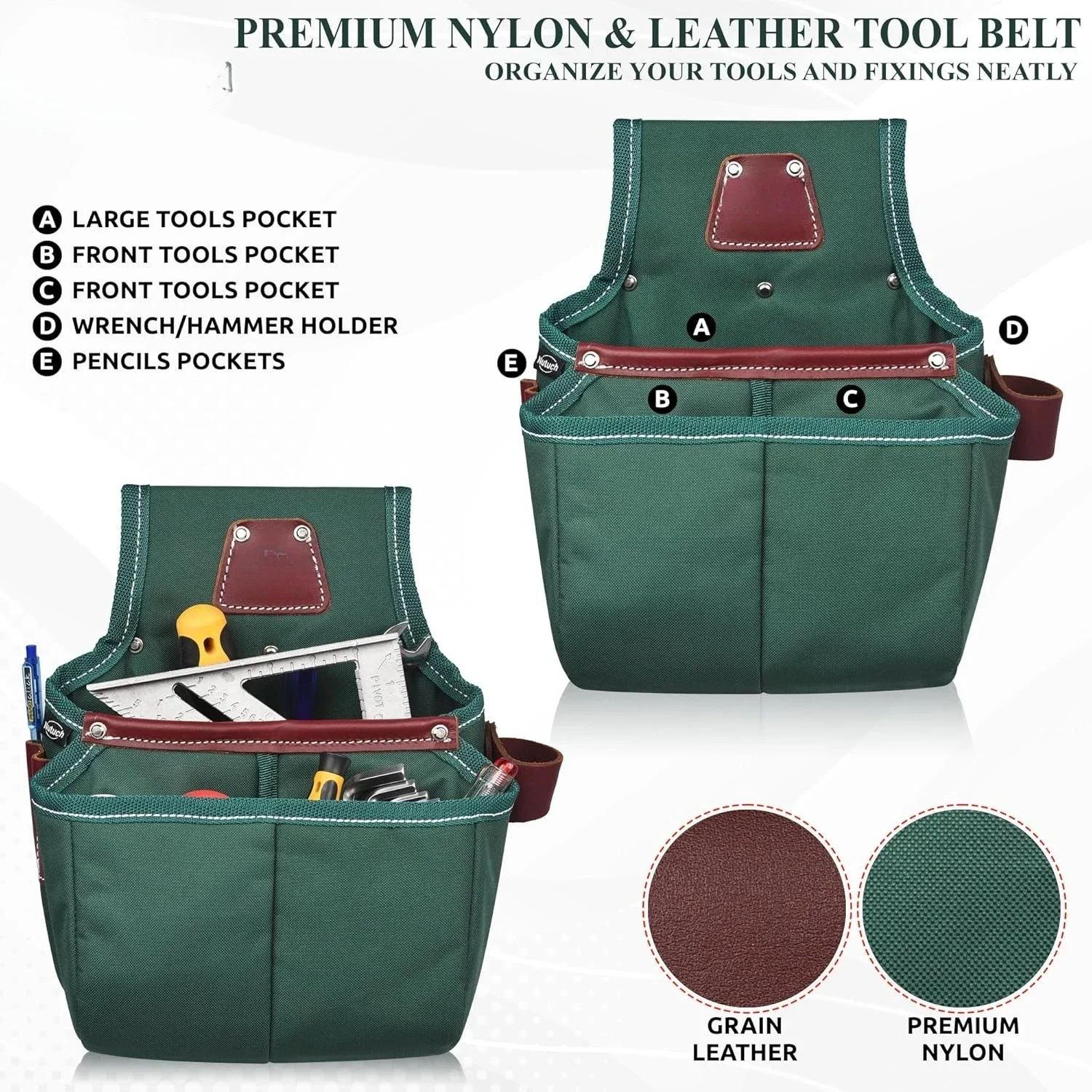 

Hot sale.Leather and Nylon Tool Belt | Carpenter & Electrician Belt | Framer Tool Pouch | Green