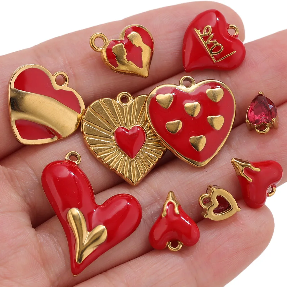 3-5pcs Bohemian Heart Embossing Charm 304 Stainless Steel Charms 18K Gold Plated Red Heart Ex Voto Heart Pendant for DIY Earring