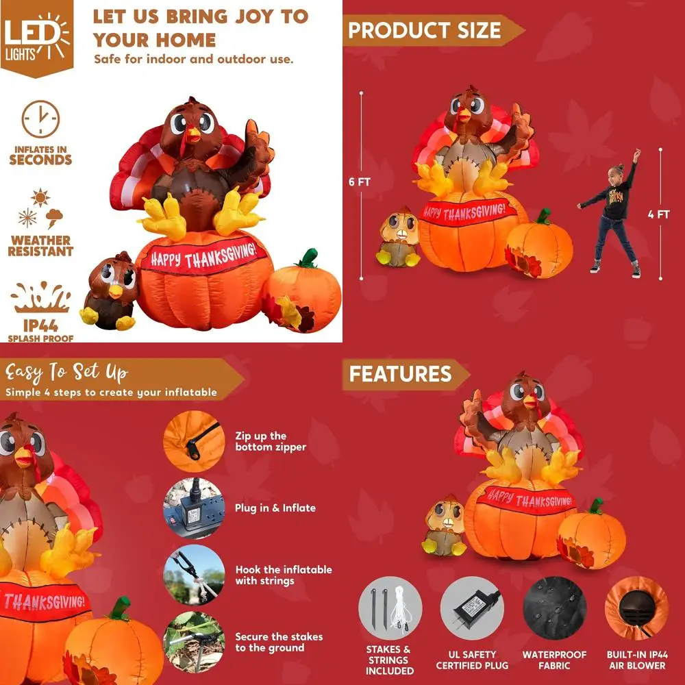 

Надувная индейка с подсветкой длиной 6 футов и тыквой для декора на День Благодарения и Хэллоуин