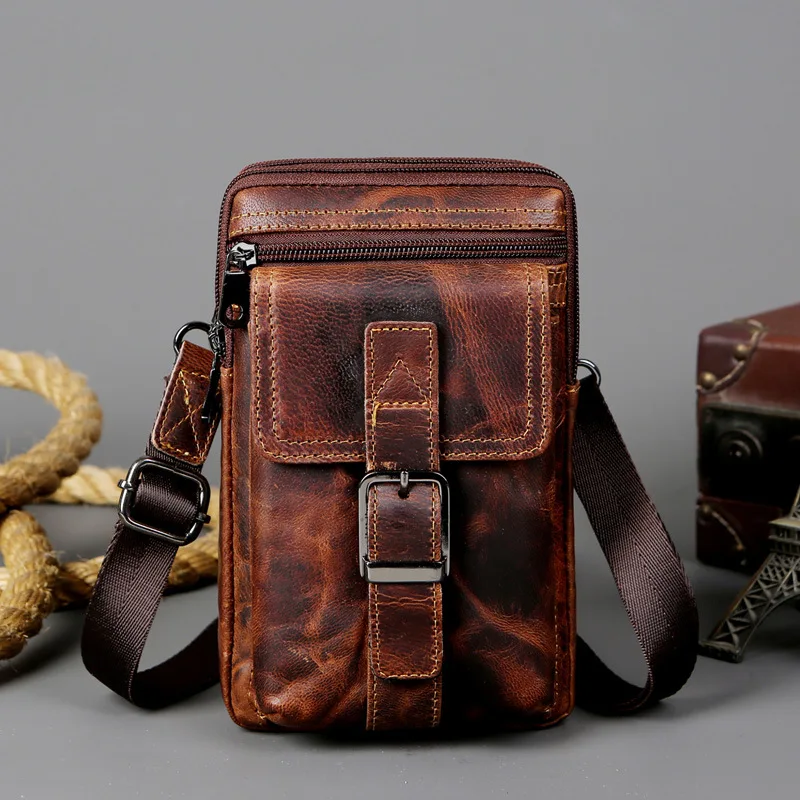 

New Fashion For Men Genuine Cow Leather Waist Bag Retro Casual Large Capacity Crossbody Casual Multifunction Shoulder Sling Bag