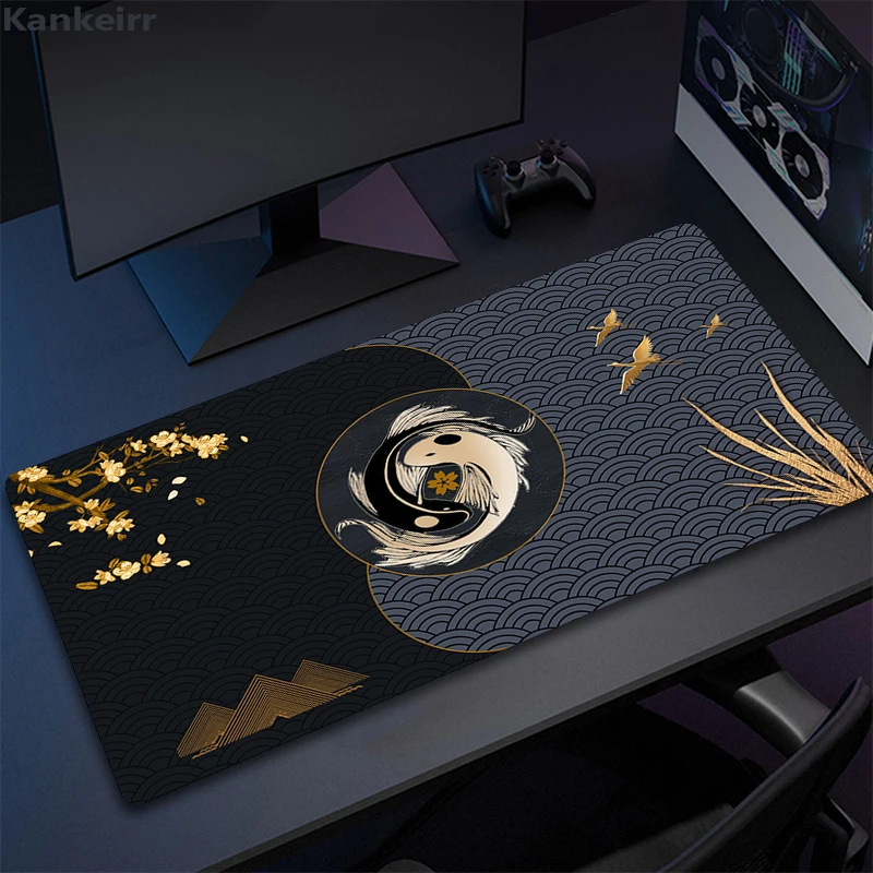 

Японские настольные коврики, коврик для мыши в виде рыбы, черный, золотой большой коврик для игрового стола, милый коврик для мыши, украшение для офисного стола, аниме, эстетичный Настольный коврик