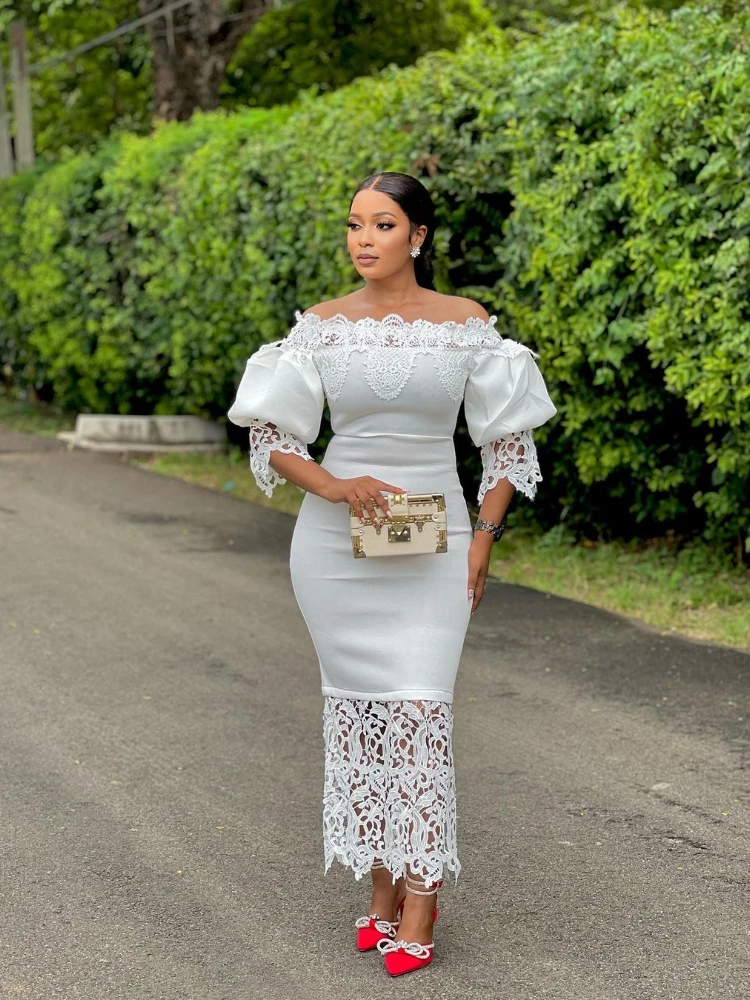 Elegant African Women's Tight Lace Bubble Sleeve Off Shoulder Sexy Mid Waist Dress Wedding Graduation Party Sisters Gown