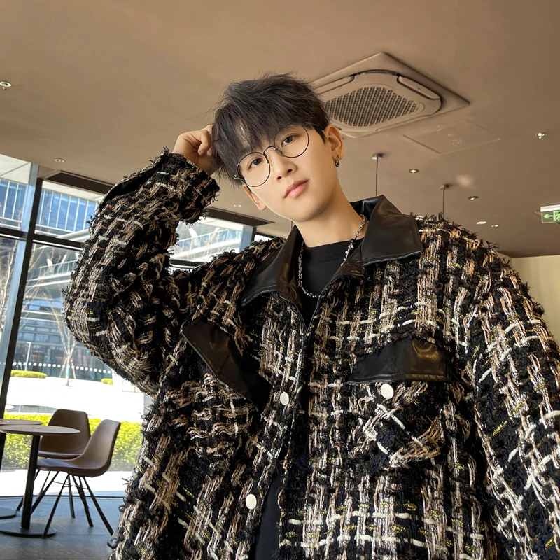 

Bla Tweed Sle Men's Jaet Spring Autumn Design Splicing Workwear High Street Vibe Cool High-End Feelings Youth Faion