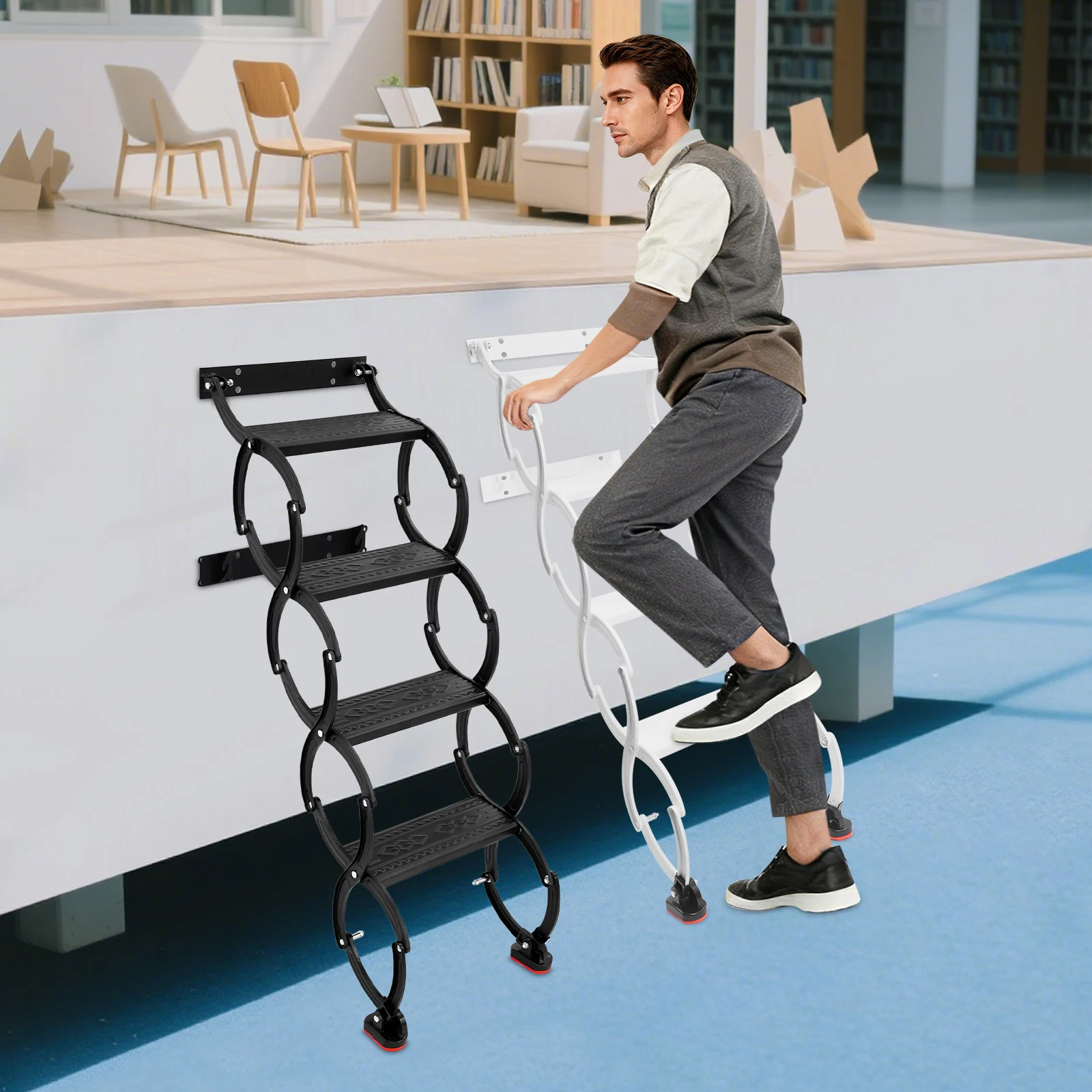 

4 Steps Wall Mounted Attic Ladder, Pull Down Telescoping Step Ladder, Wall Mounted Retractable Ladder with Mounting Bracket for