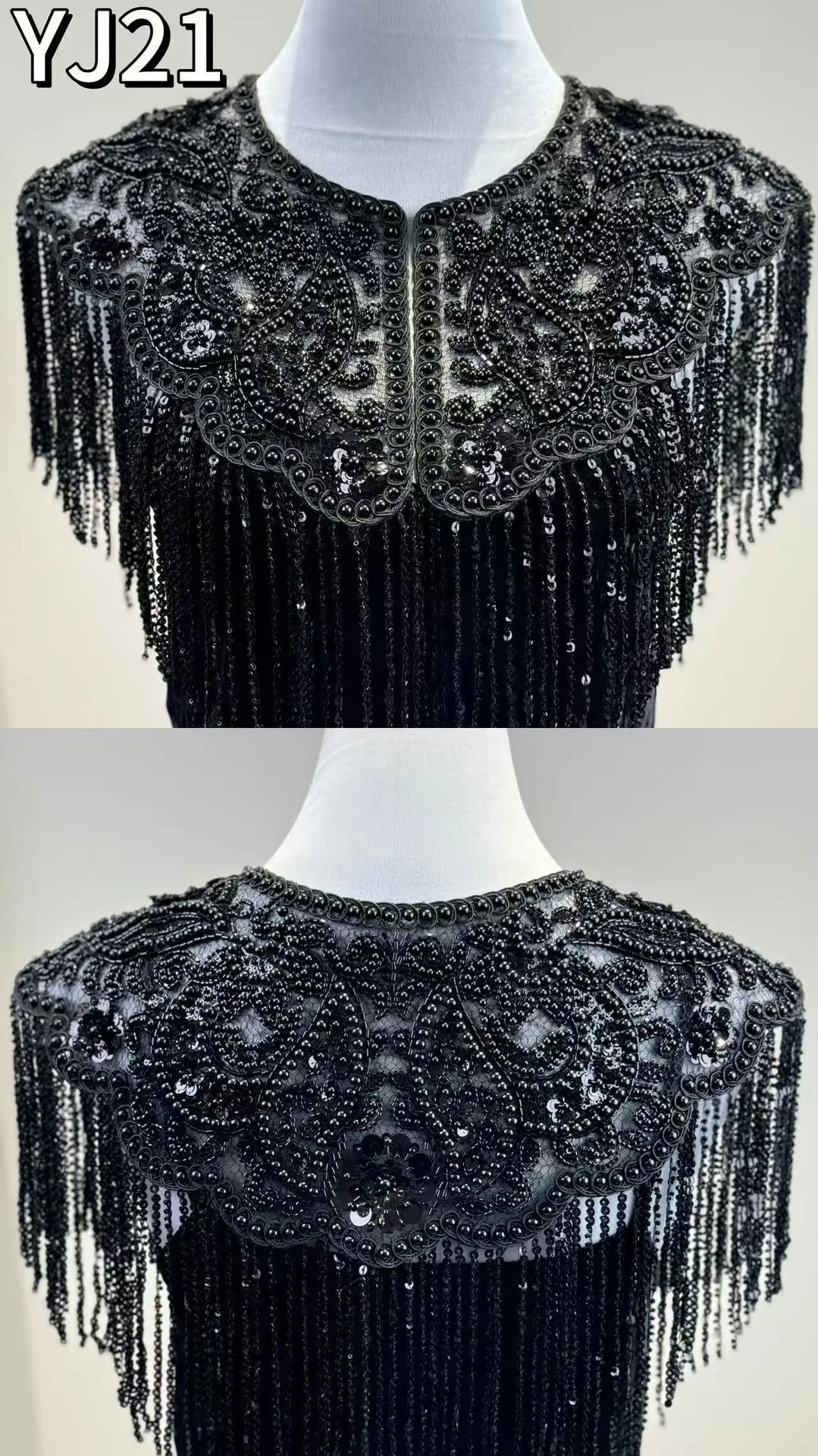 Handgefertigter, mit Perlen besetzter, langer Quasten-Abendmantel, hochwertiger Bankett-Partykleid-Jacken-Abendmantel, Schwalbenschwanz-Mantel – Detail 2
