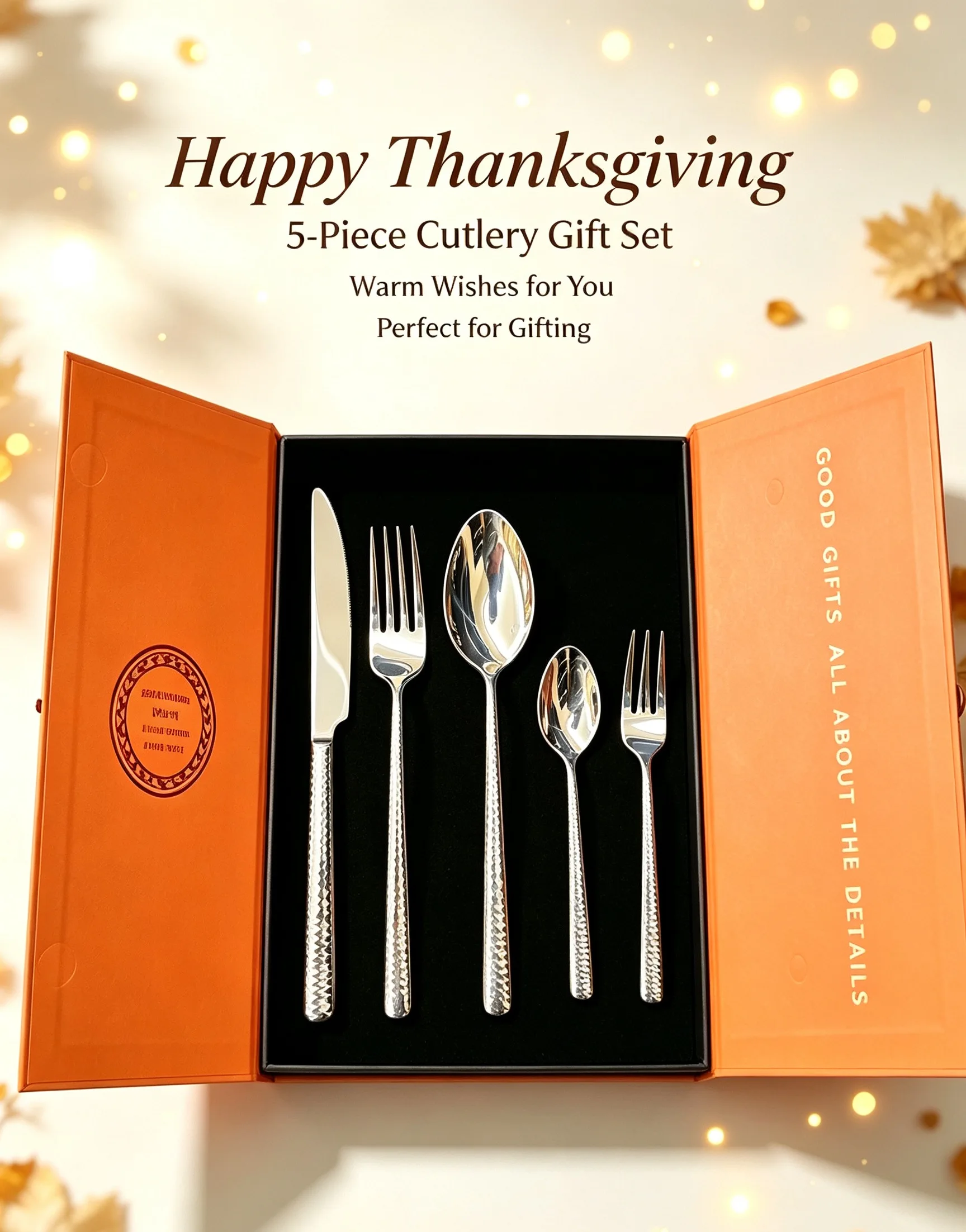 Thanksgiving Gift 5‑Pcs Stainless Steel Cutlery Set,Thin Hammer Handle 304/420 Grade,Reusable Tableware Luxury Gift Box Pack