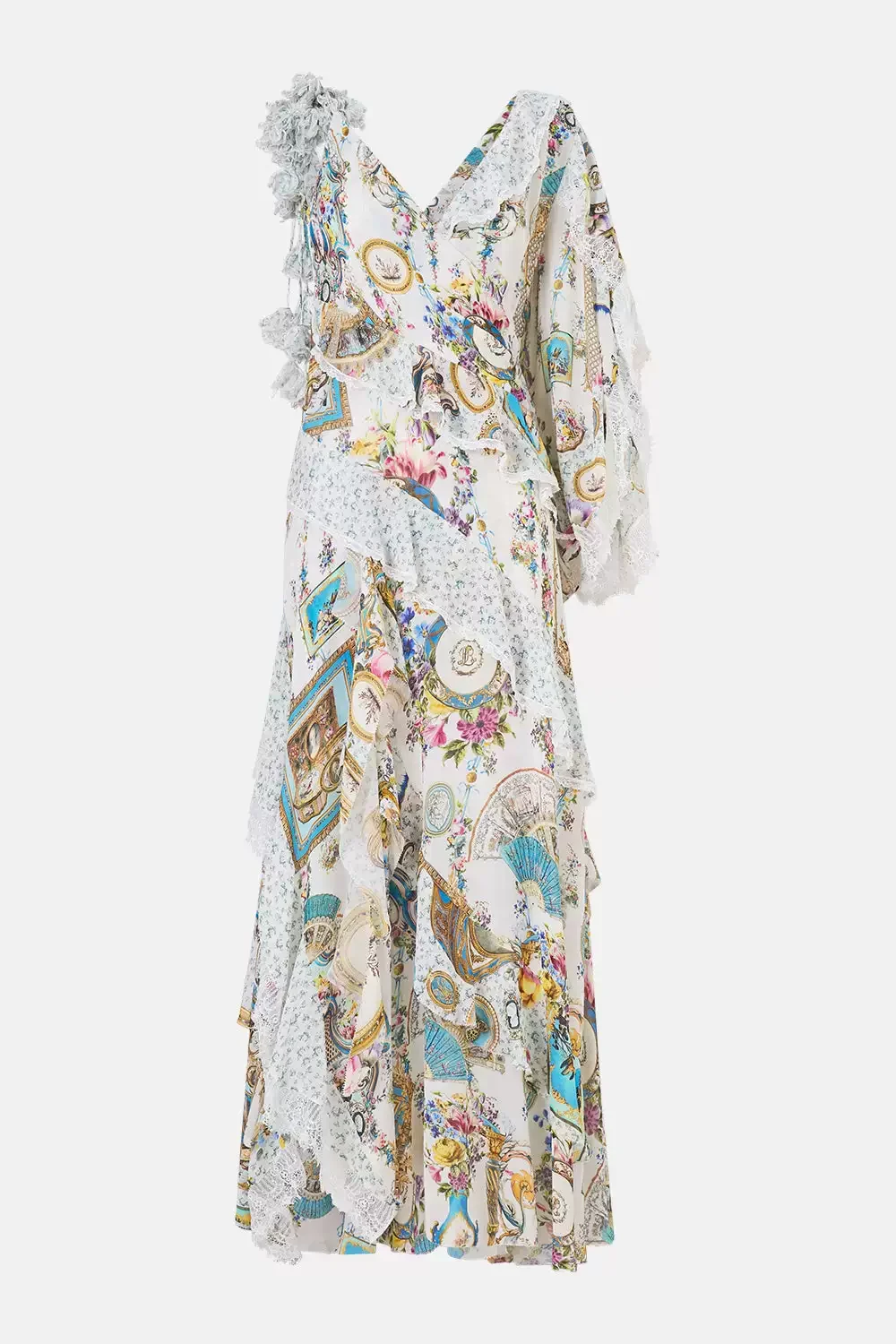 2026 Retro Print Women Asymmetry Robe Ruffles Spliced V-Neck One-Shoulder Long Sleeve High Waist Vintage 100% Silk Maxi Dress