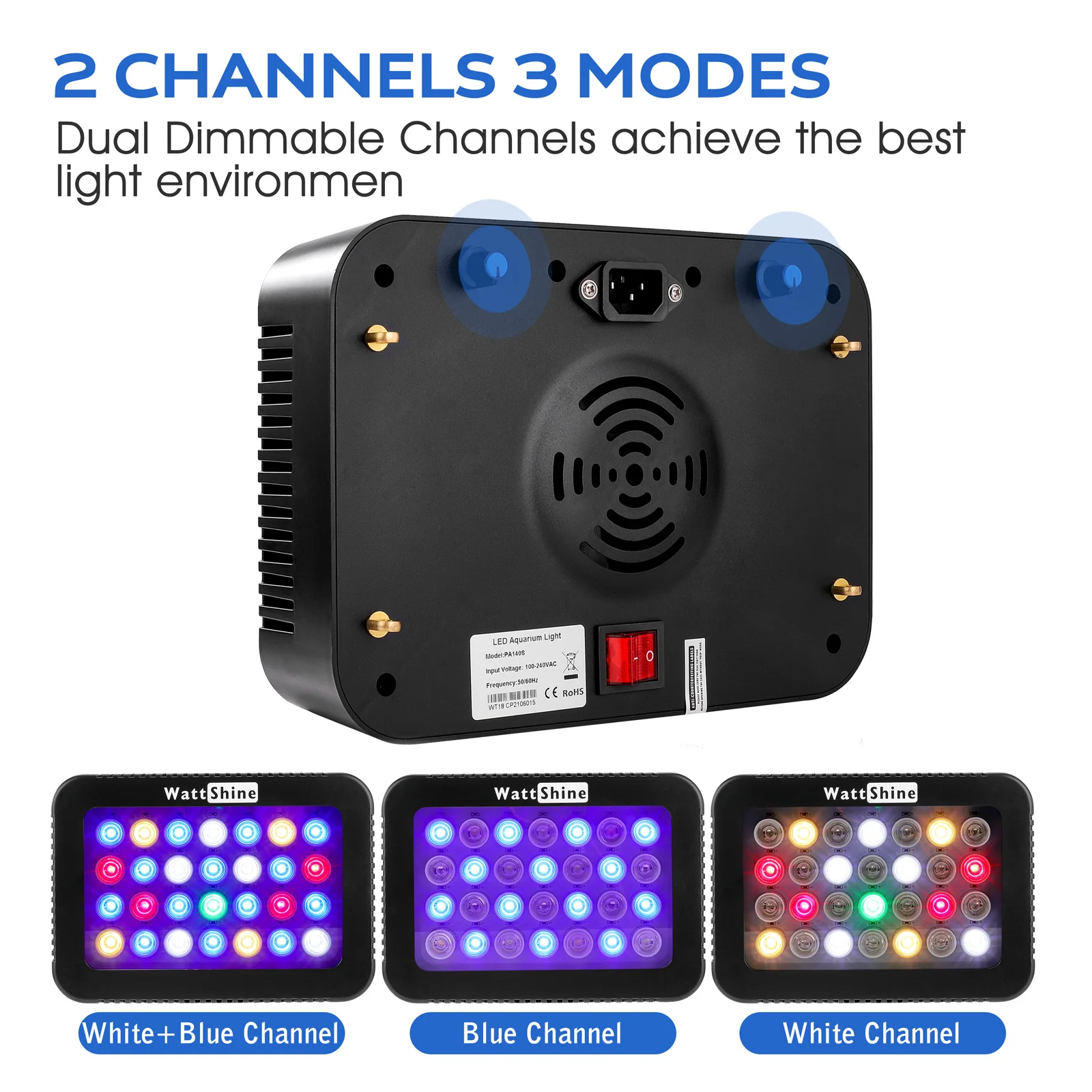 LED Coral Reef Light com canais duplos reguláveis, iluminação do aquário, aquário marinho, espectro completo, LPS, SPS, 140W