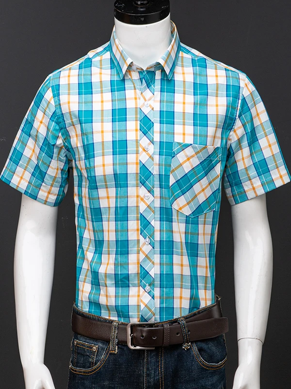 

Men's Thin Breathable Plaid irt Summer Casual Sle ort Sve Stand Fit Printed Collar Ant Wrinkle Polyester Fiber