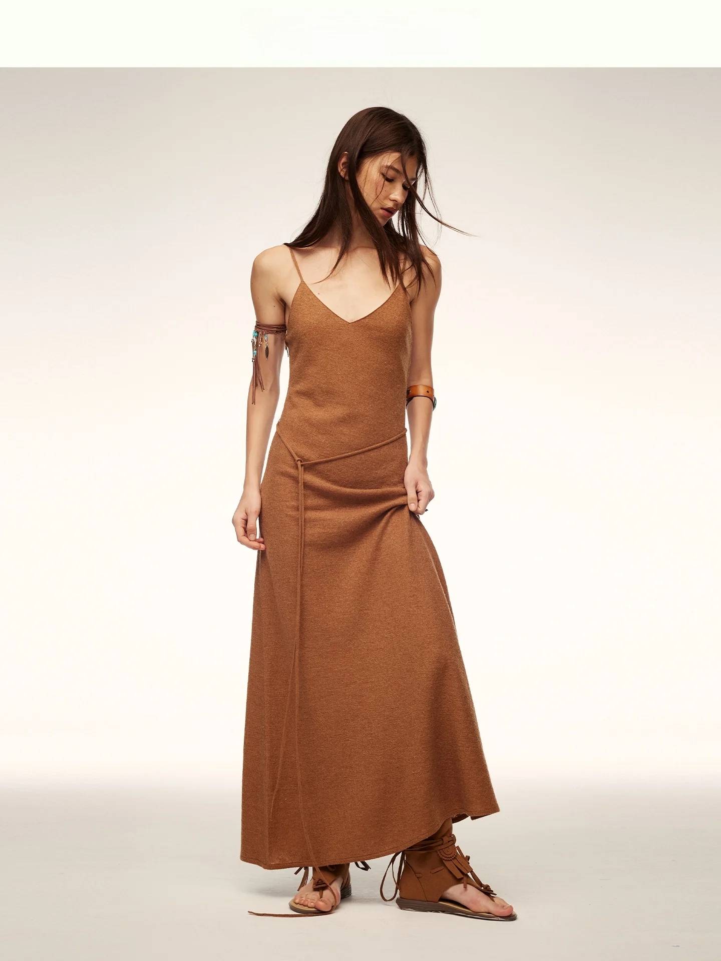 

Feu Doux Wool Blend Strap Dr A-Line Faionable Women's Dr V-Ne Svel Spring Summer Autumn Casual Wear