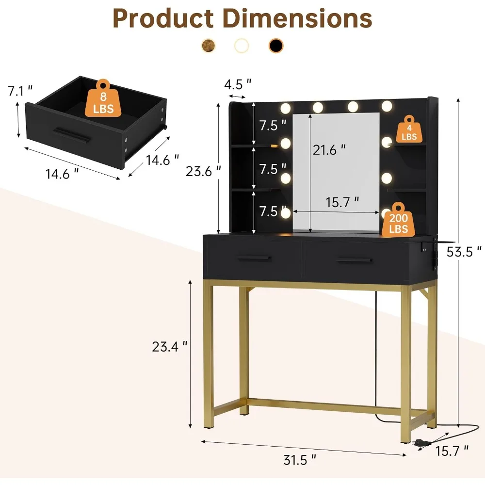 31.5'' Small Vanity Desk with LED Mirror and Lights, Black Makeup Table for Bedroom
