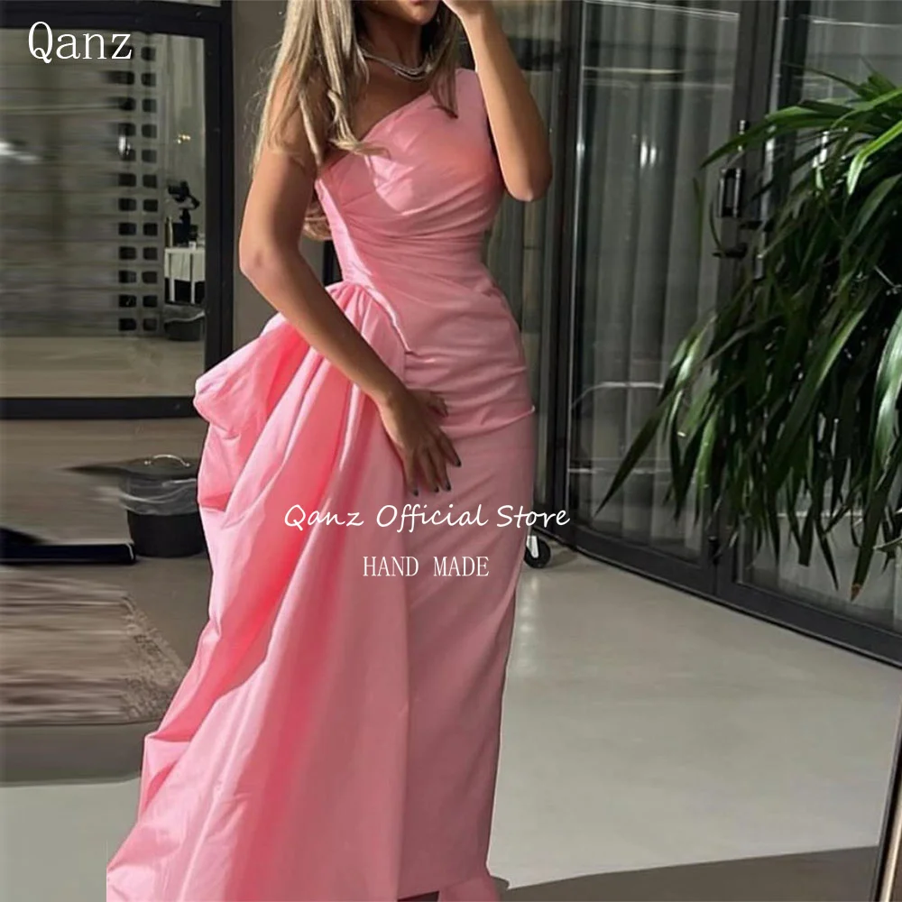 

Qanz Vintage One Shoulder Dubai Evening Dresses Pink Mermaid Satin Abendkleid Meerjungfrau Luxury Dresses Women Customized