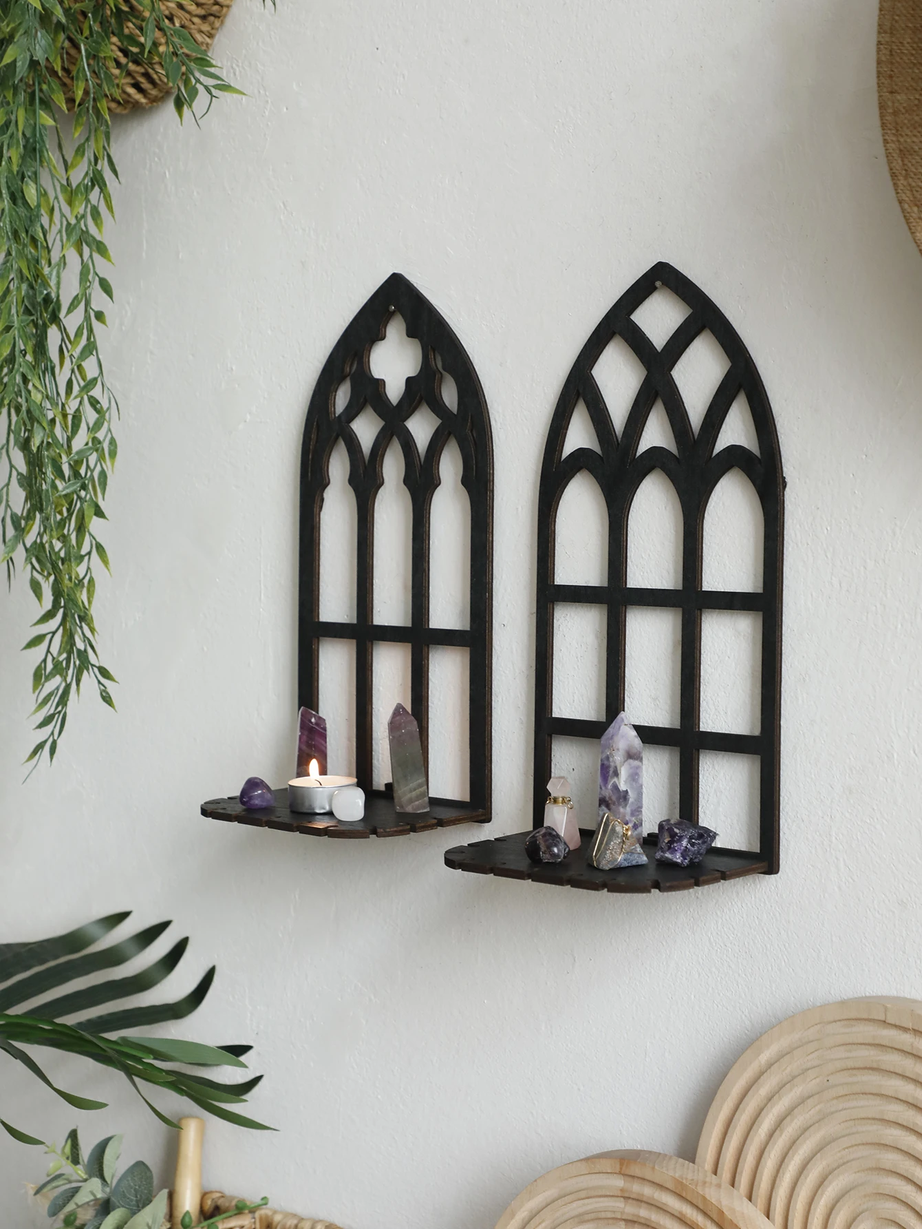 Black Gothic Shelf Wooden Hollow Wall Decoration Wall Hanging Floating Shelves Display Stand Vintage Door Frame Witch Home Decor