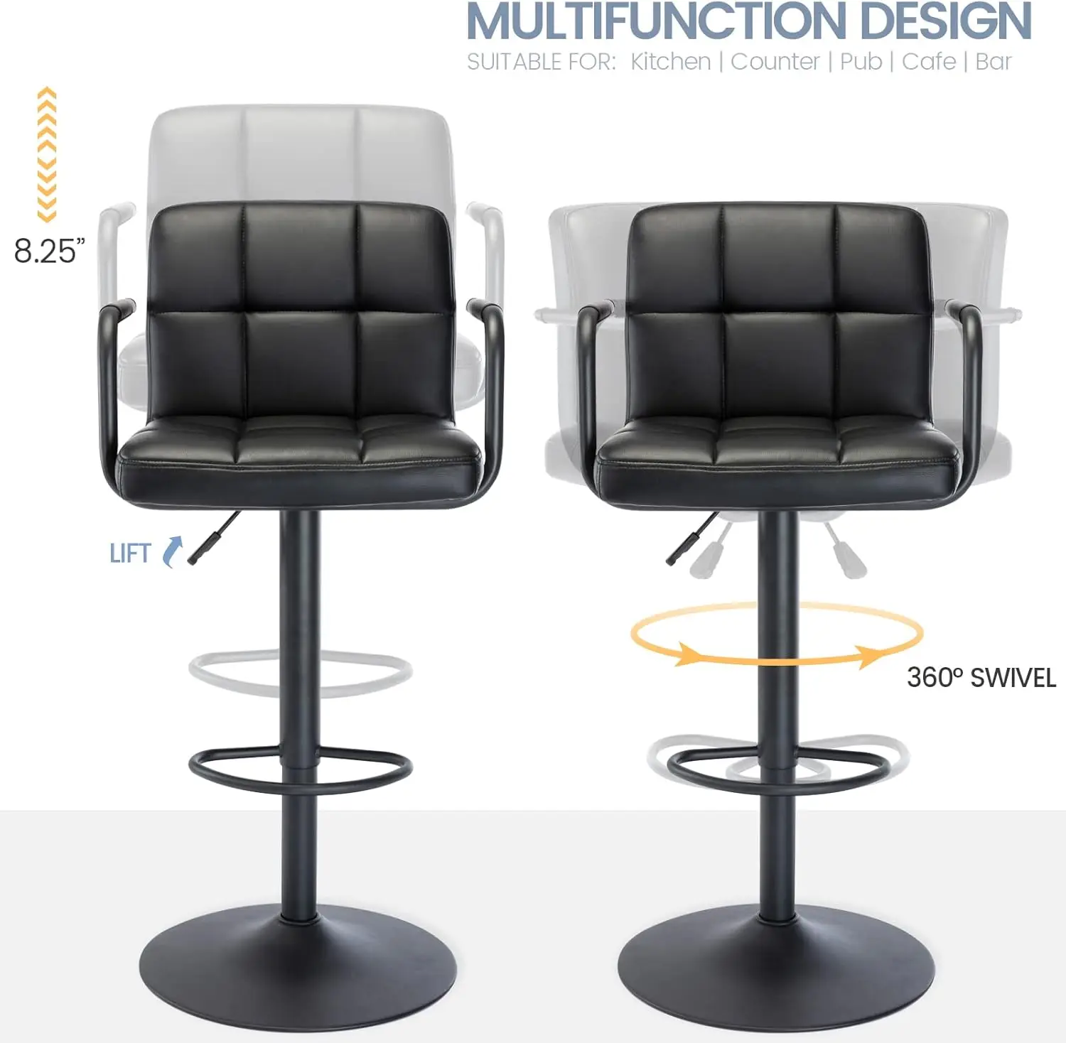 Furniture Direct Moderne quadratische Barhocker aus PU-Leder, verstellbare drehbare Barhocker mit Rückenlehne und Armlehnen, Airlift-Theke