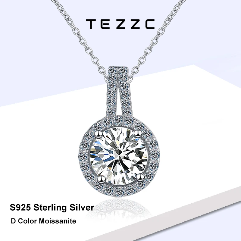 

Tezzc 1ct 5ct Round Moissanite Pendant Necklace 925 Sterling Silver Women Necklace Fashion Oversized Gemstone Diamond Jewelry