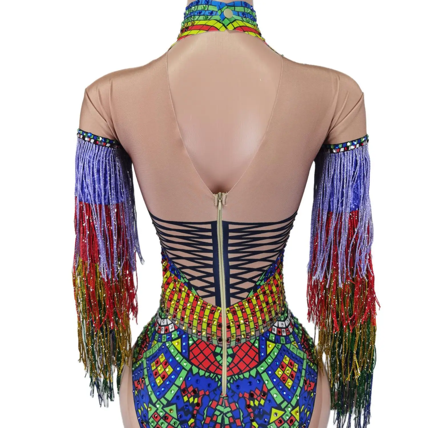 Sexy Multi-color Rhinestones Tassel Bodysuit Nightclub Dancer Party Stage Wear Pole Dance Fringe Crystal Leotard Costume Cizhuan