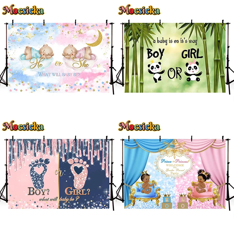 Mocsicka Gender Reveal Photo Background Boy Or Girl Boho Baby Shower Photography Backdrop Balloons Bear Party Decorations Banner