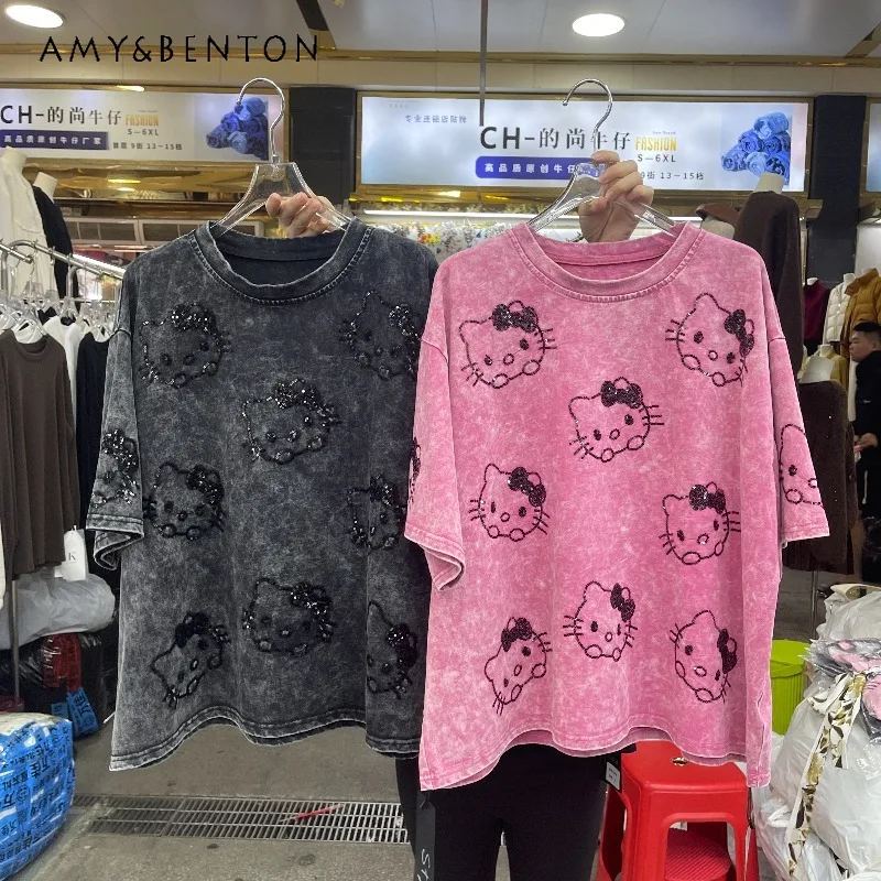 

New Summer Heavy Cartoon Sequin Patch Short Sleeved T-shirt For Women's Y2k Loose Casual Versatile Sweet Half Sleeves Top Tees