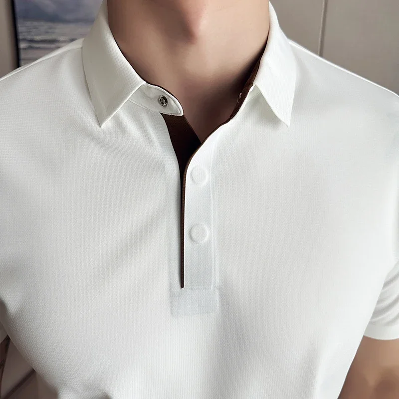 2024 Men Anti Wrinkle Magnetic Button Polo Shirt Fashion Versatile Trendy High Street Business Leisure High Quality Hombre Polo