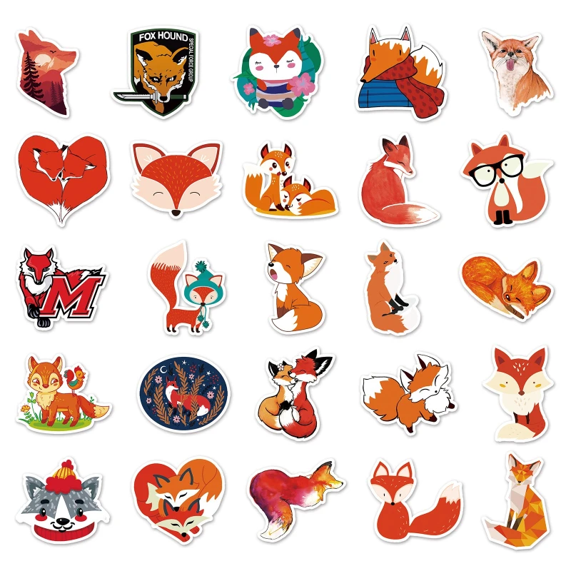 50Pcs Cute Fox  Pattern  Stickers  Creative DIY Decor Decals  for  Luggage  Scooter  Tablet &  Daily Items