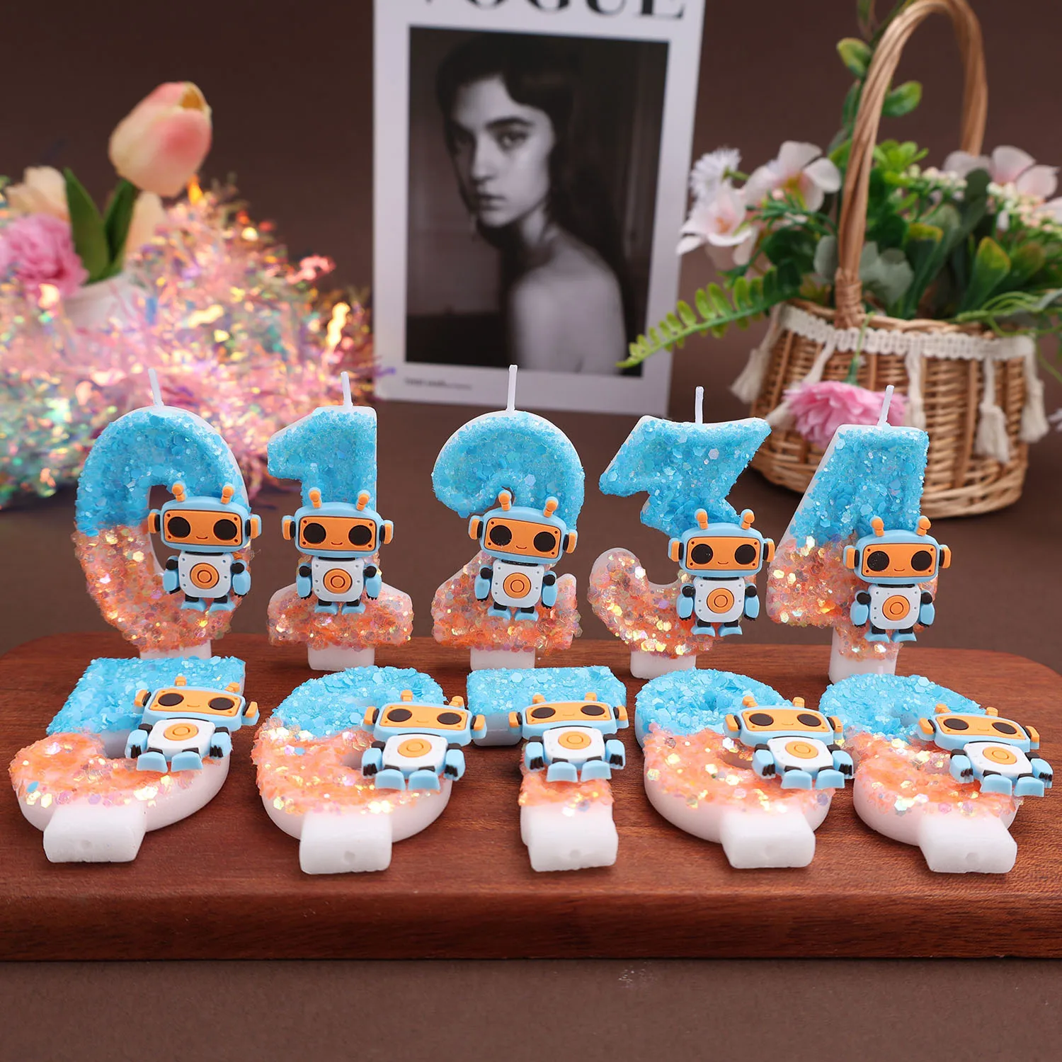 Blue and orange digital candles - Cartoon robot decorative candles, birthday commemorative candles, party gifts