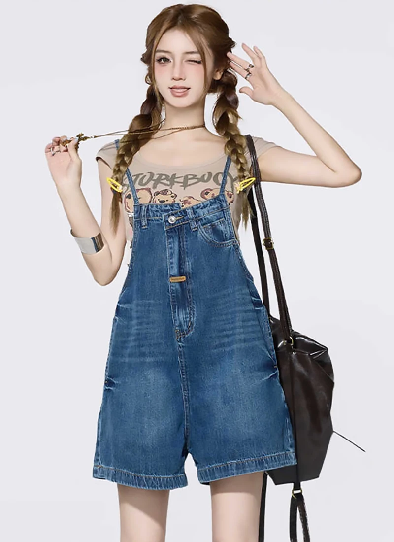 Summer New Retro Blue Ocean Fashion Cowboy Strap Pants for Women with Irregular Design Wide Legs for Slimming Shorts