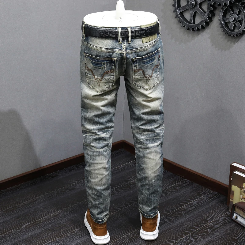 Italian Style Fashion Men Jeans High Quality Retro Washed Blue Stretch Slim Fit Ripped Jeans Men Vintage Designer Denim Pants