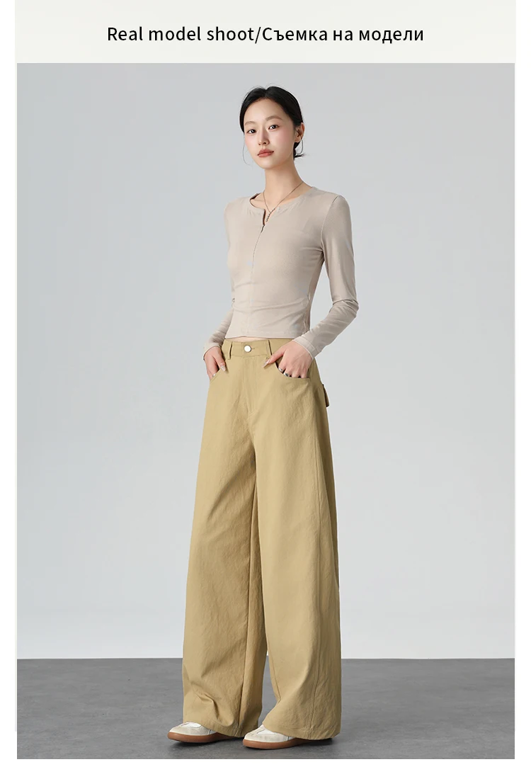 Hochgeschnittene Gerade Hose für Damen, Vintage-Stil mit Klappentasche, Gerade Weite Hose im Koreanischen Stil, Drapierendes Design, Schlankmachende Lange Hose – Detail 6