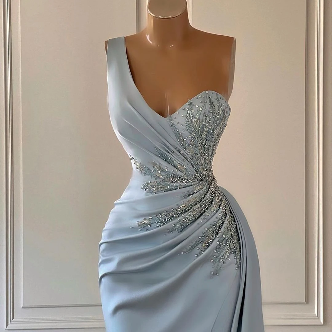 Thinyfull Sexy Prom Evening Dresses Beadings One Shoulder Party Dress Blue Split Mermaid Floor Length Cocktail Gowns Plus Size