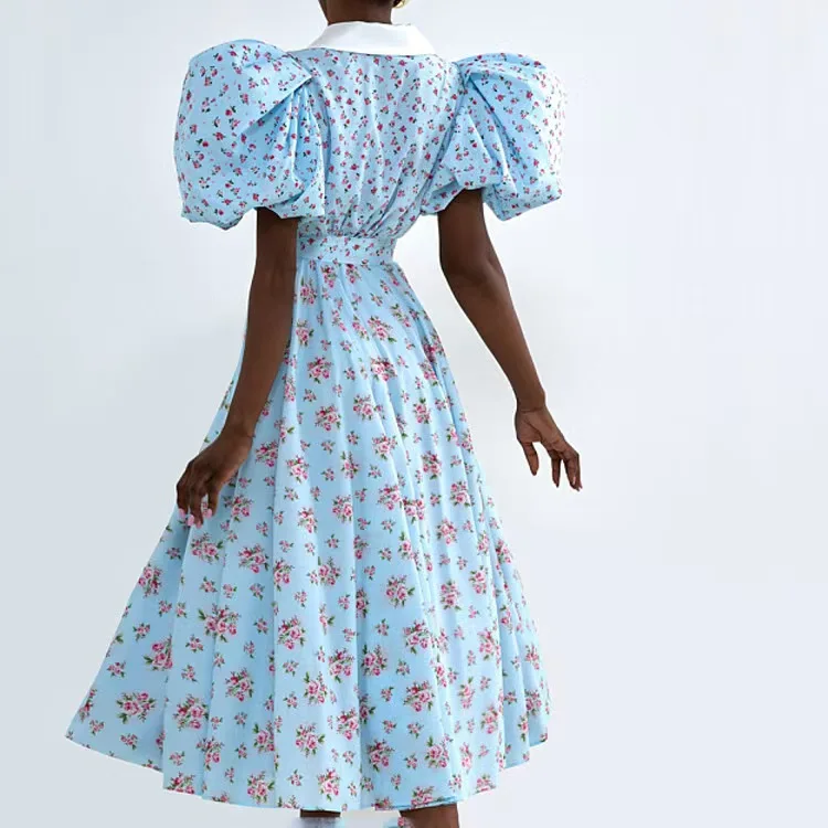 Faion Print Dr زر واحد ort Sve طويل Dr Bubble Sve الحلو عالية الخصر ألف خط تنورة ارتداء اليومي عميق V Ne