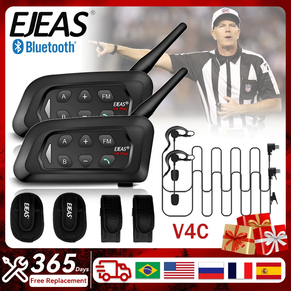 EJEAS V4C Plus Football Referee Intercom 4 Users Walkie Talkie Full Duplex Bluetooth Headset Soccer Communicator Interphone