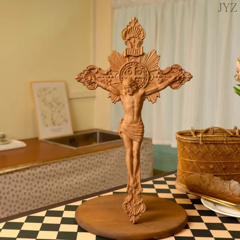 Vintage Cross Wood Carving Religious St. Benedict's Exorcism Catholic Prayer Home Decor - Detail 1