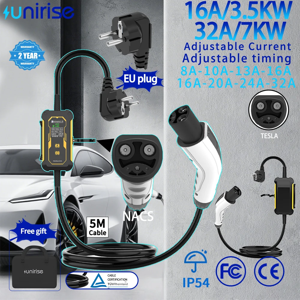 Unirise 32A NACS EV cargador portátil para 3,5 kW/7 kW Tesla caja de carga de coche enchufe de la UE cargador de coche eléctrico para Tesla modelo Y/3/X/S