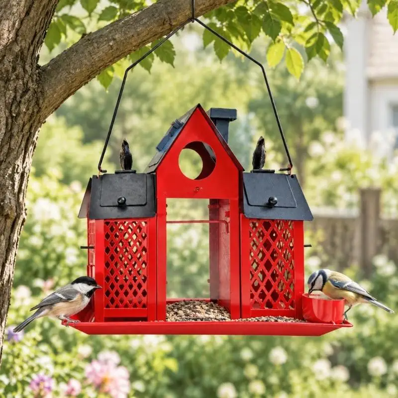 House-Style Wild Bird Feeders with Solar Night Lighting, Metal Construction, Two Compartments, and Base Tray KXRE