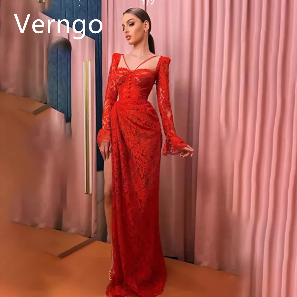 Verngo-vestido de graduación de encaje rojo para mujer, mangas acampanadas, vestidos de fiesta elegantes de sirena, vestido de ocasión Formal