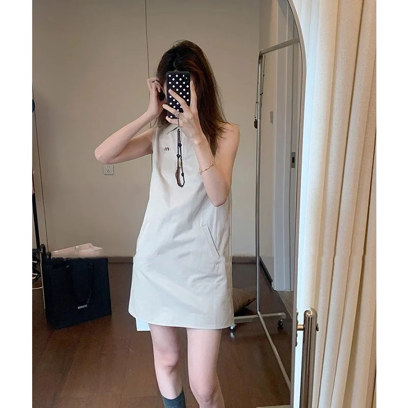 Vestidos coreanos sencillos con cremallera y cuello vuelto sin mangas para mujer, camiseta sin mangas informal con temperamento de verano, vestido por debajo de la rodilla, ropa para mujer