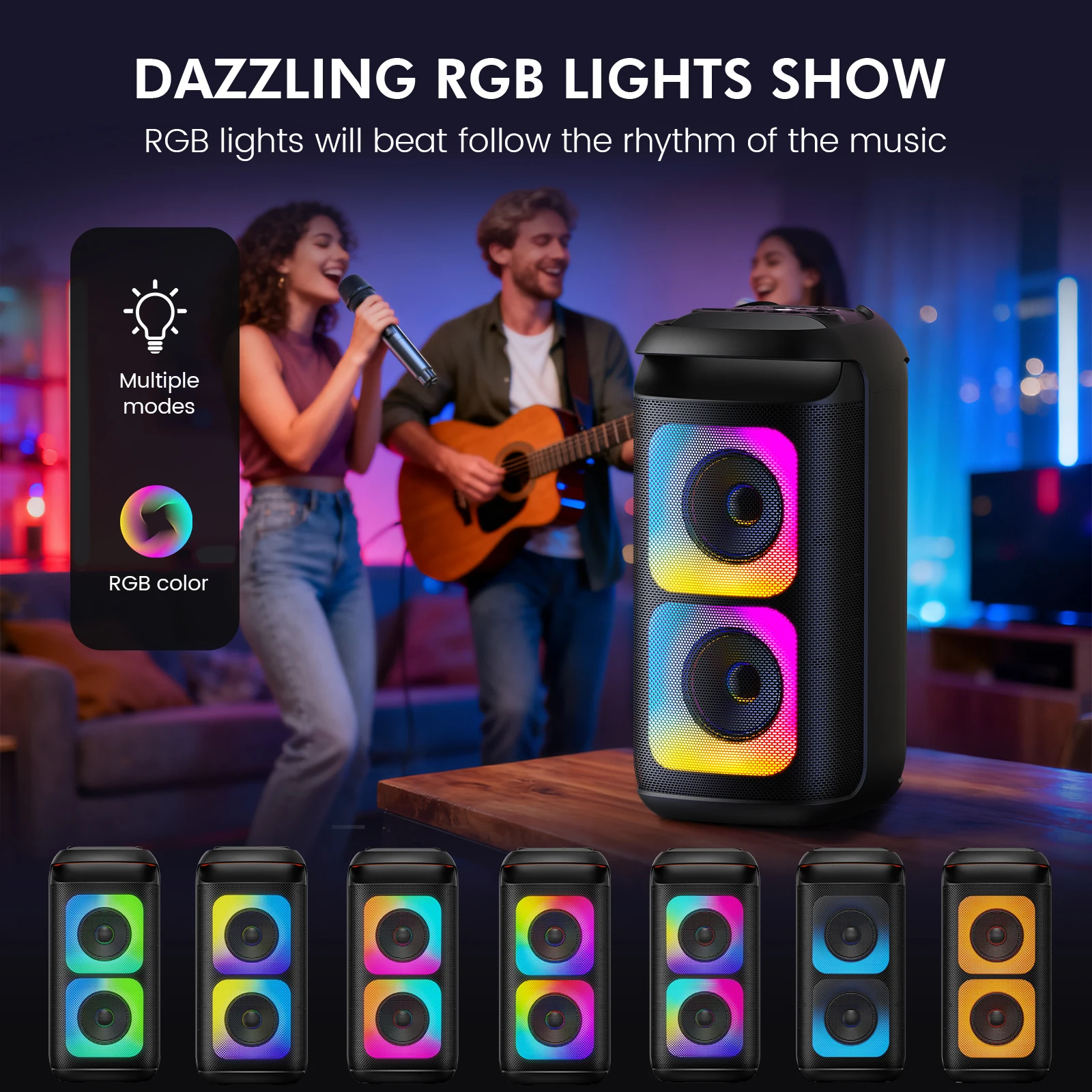 آلة الكاريوكي T37 مع 2 ميكروفونات لاسلكية، وأضواء LED، وصوت ثلاثي الأبعاد، والتحكم في الصدى، ودعم التلفزيون/USB/AUX/TF للحفلات المنزلية