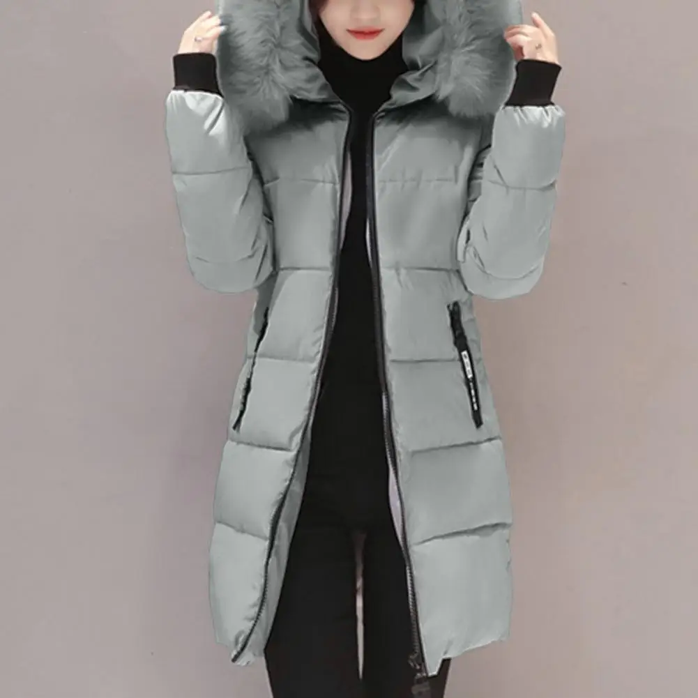 Women Winter Cotton Coat Thickened Padded Stuffed Hooded Mid Length Warm Zip Up Long Sleeve Solid Color Slim Fit Lady Down Coat