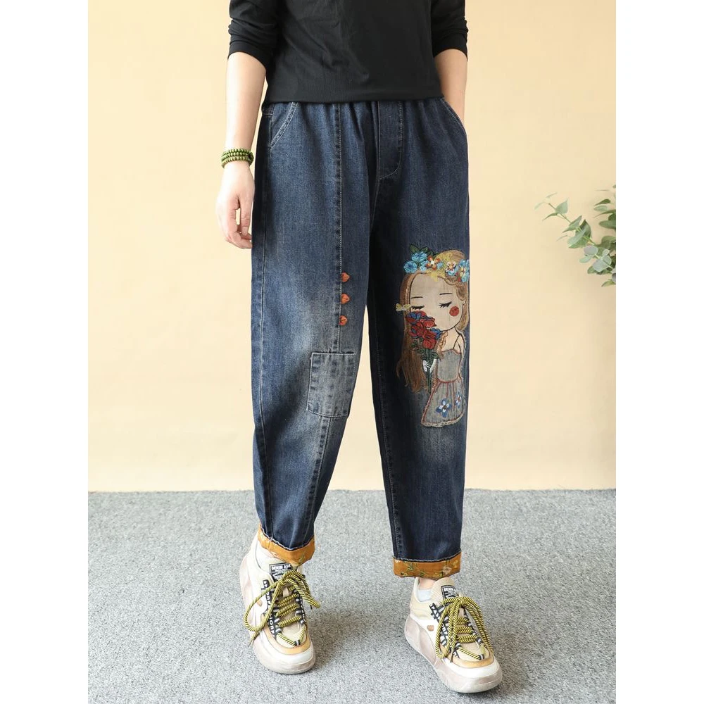 New High Quality Women Retro Patch Embroidered Loose Jeans Women Ripped Casual Cute Girl Jeans