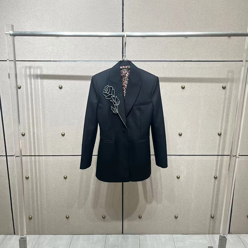 Women's Lace-Up Embroidered Rhinestone Blazer Stylish Casual Versatile Jacket Top High Quality, Fall Season, New Arrival 2025