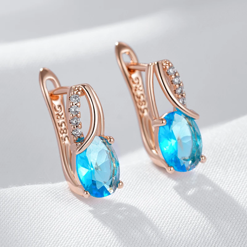 Kinel Hot Shiny Oval Blue Natural Zircon English Earrings for Women 585 Rose Gold Color High Quality Daily Fine Ethnic Jewelry