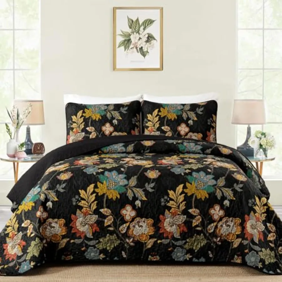 

Quilt Set Queen Size Black Botanical Queen Bedspread Bedding Sets 3 Pieces Floral Quilt with 2 Pillowcases Soft Lightweight Mic