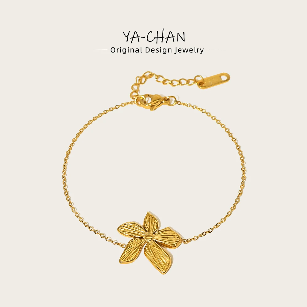 YACHAN Stainless Steel Flower Charm Bracelet for Women Trendy Simple 18K Gold Plated Waterproof Jewelry Accessories