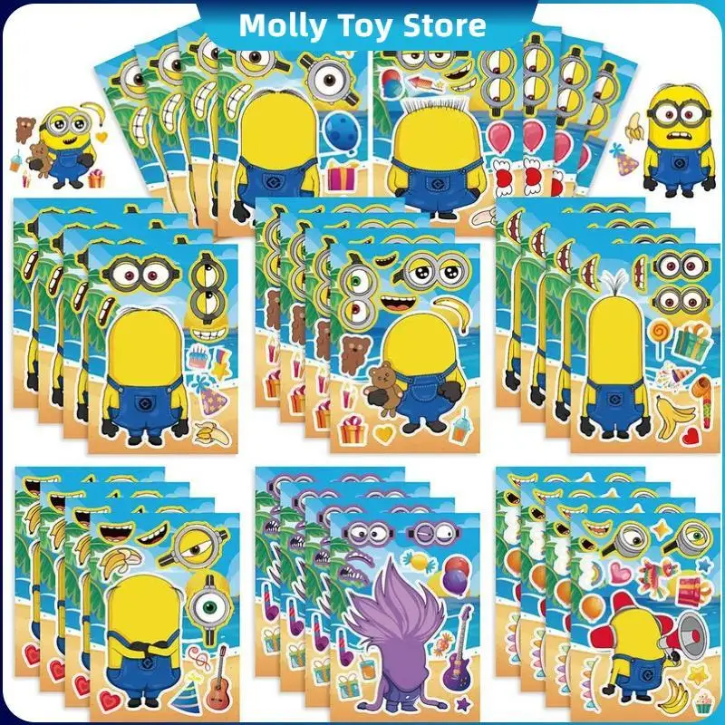 16pcs Minions Toys Make A Face Stickers Diy Cartoon Kids Puzzle Assemble Toy Children Game Jigsaw Anime Funny Party Toys Gifts