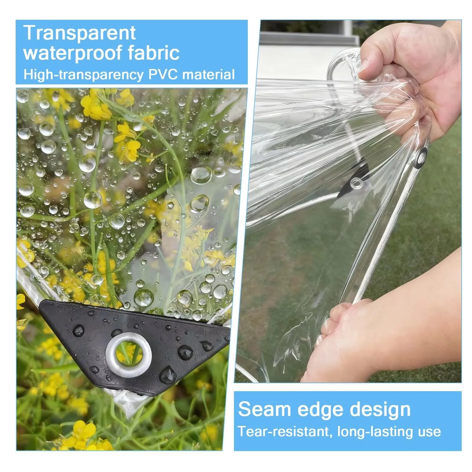 Wasserdichte Schutzplanen, transparente Planen mit Metallringen, geeignet für Pflanzen, Balkone, Gärten und Möbel. – Detail 4
