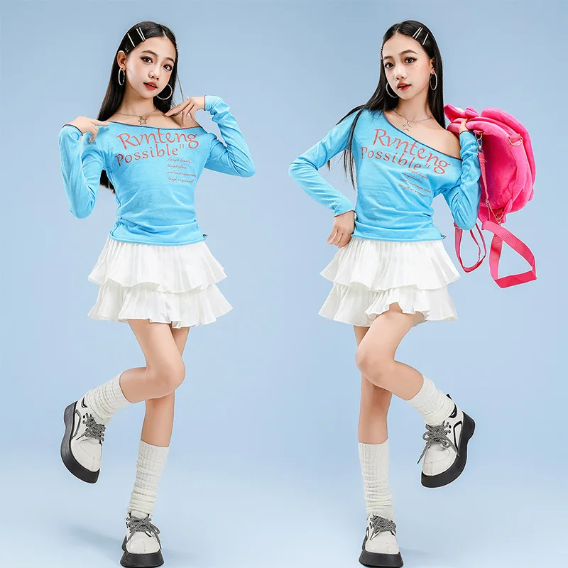 

Kid Kpop Hip Hop Clothing Blue Cruly Hem Long Sleeve T Shirt White Street Layered Pleated Skirt for Girls Dance Costumes Clothes